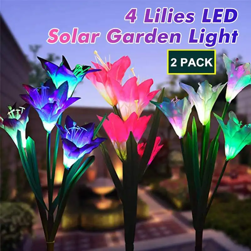 Solarleuchte Garten 2 Packung 4-Head Garten Lampen Lilie Blumen mit Farbwechsel 