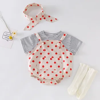 

2020 New Baby Bodysuit Summer Newborn Boys Girls Cute Dot Print Jumpsuit With Headband Toddler Overalls Baby Cotton Clothes Set