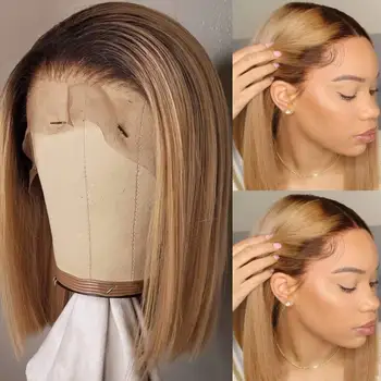 

13x4 Ombre Silky Straight Human Hair Lace Front Wigs 1B Honey Blonde Deep Part Short Bob Wig For Black Women