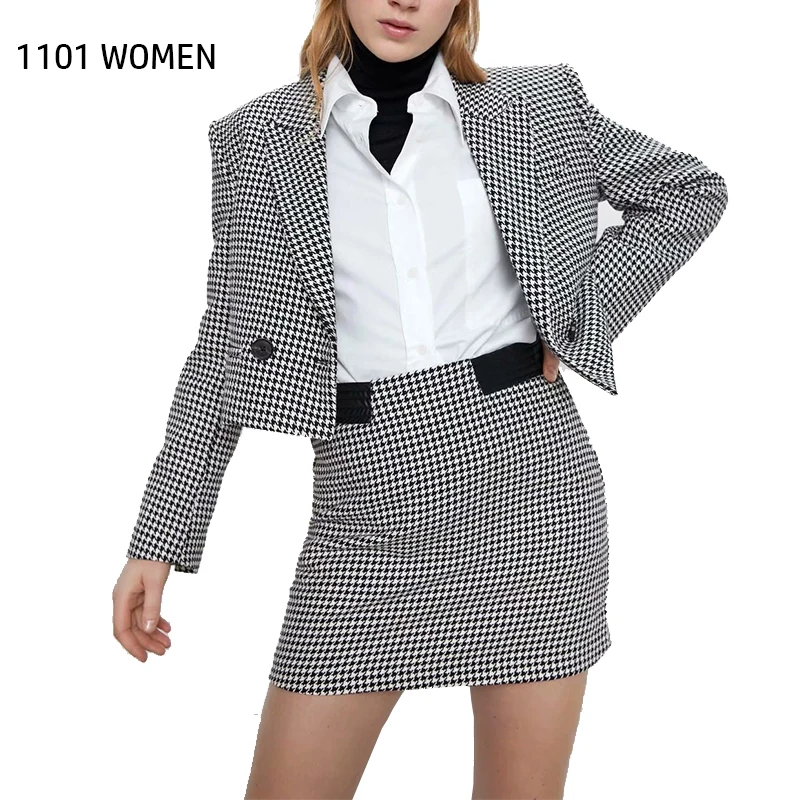 ZA NEW Spring Women 2 pieces Set gray plaid long Sleeve V-Neck coat double breasted mini dress Suit female casual clothes | Женская