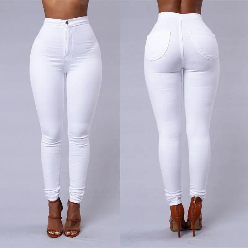 Thin High Waist Stretch Women Pencil Pants Tight Candy-colored Jeans Full Length Skinny White Black Blue Yellow Solid Color Jean | Женская