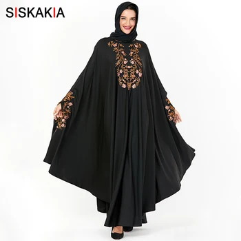 

Siskakia Oversize Dressing Gowns for Women Fashion Black Floral Embroidery Muslim Abaya Dress Batwing Sleeve Arabian Clothes New