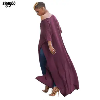 

Women Casual O-Neck 3/4 Sleeve Solid Side Split Loose Long Summer Top Pullover