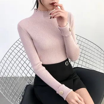 

Winter Knitted Sweater Women Chic Slim Turtleneck Pullover Solid Knit Sweater Chic Button Casual Long-sleeved Sweater Female