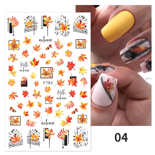 1PC Lines Maple Leaves Nail Foil Stickers Autumn Gold Flower Leaves Transfer Decals Slider Nails Art Decoration DIY Manicures F782 04