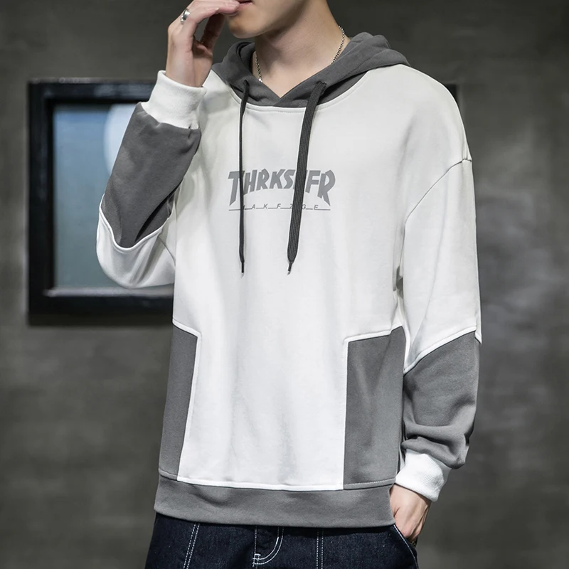 

Winter cool casual Patchwork Panelled hoodies Korean version All-match Hip Hop Unisex Sweatshirt white Retro Creative streetwear