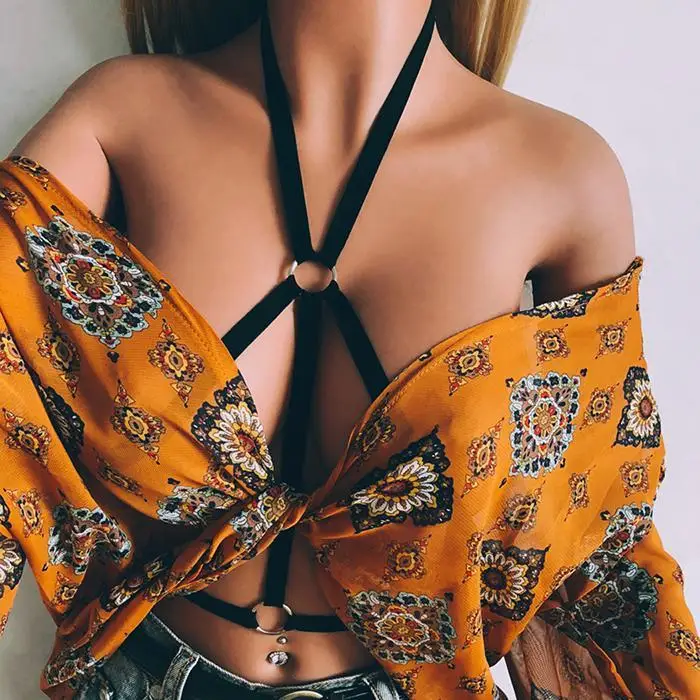 Sexy Women Elastic Strappy Bra Hollow Casual Out Summer No Halter Seamless Harness Slim Solid Underwear