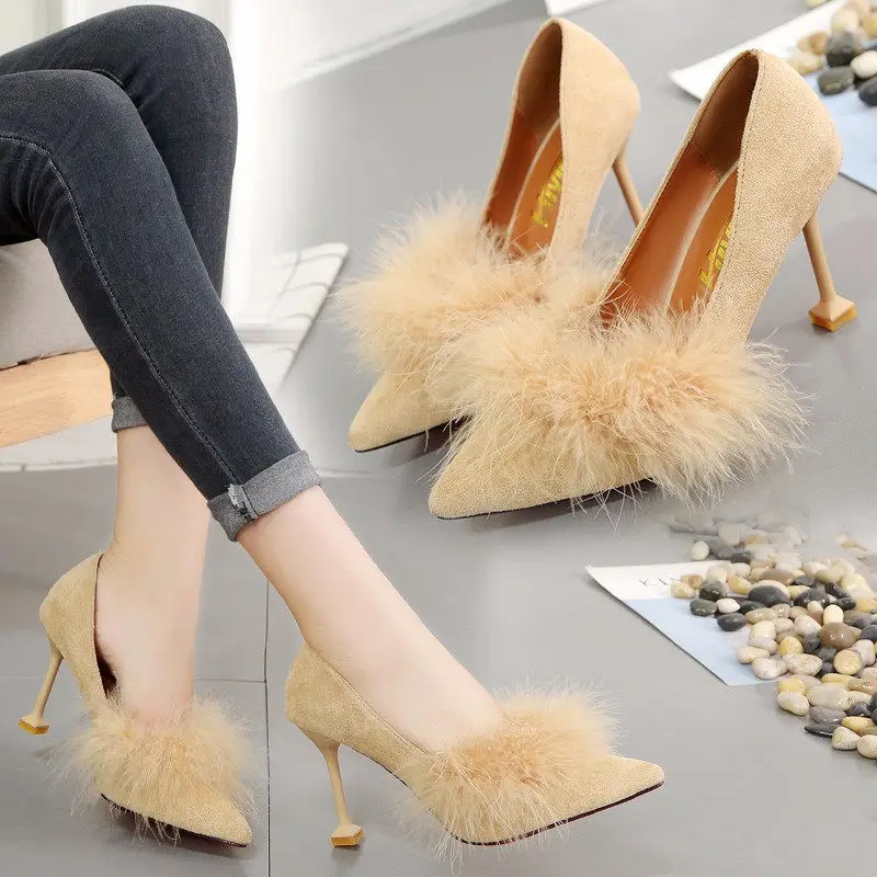 Women's High Heels Girls Korean High Heel Women's Fine with 2019 Spring and Autumn New Pointed Black Fur Shoes Ladies Shoes