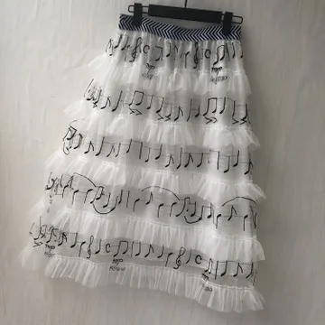 

European and American fashion music note White skirt Elasticated high waist slimming mesh skirt Small fresh cake skirt