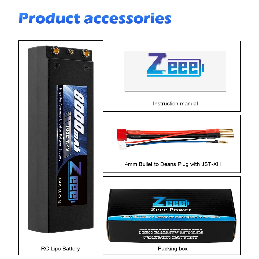 HOOVO 2S 7.4V 5200mAh 80C LiPo Battery Hard Case With Deans Plug - For RC Cars, Trucks, Buggies, Boats