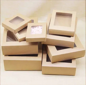 

Hot sale new 20pcs DIY gift box with window Vintage kraft candy box cake Packaging For Wedding home party suppiles packaging box