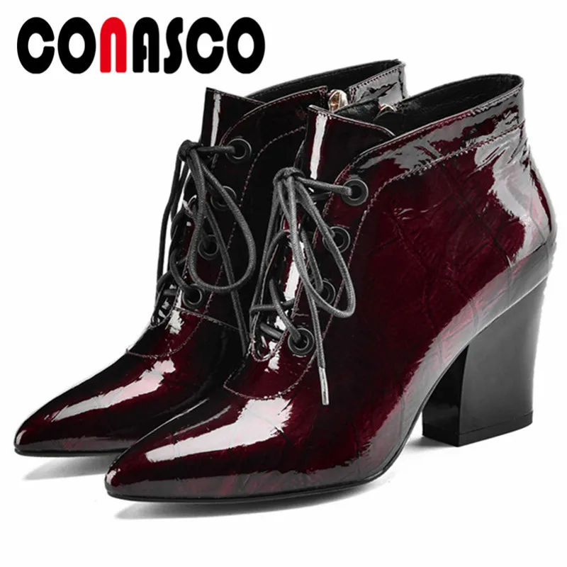 

CONASCO Newest Fashion Woman Autumn Winter Warm Woman Lglossy Office Shoes Genuine Leather Euro Style Ankle Boots Shoes Woman