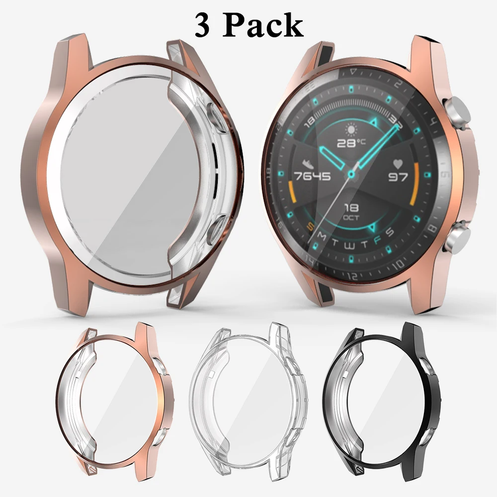RoseGold-Clear-Black 3 шт. в упаковке, прочные, устойчивые к царапинам защитные аксессуары для часов для huawei GT 2 46 мм, Мягкий ТПУ защитный чехол-бампер - Цвет: RoseGold-Clear-Black