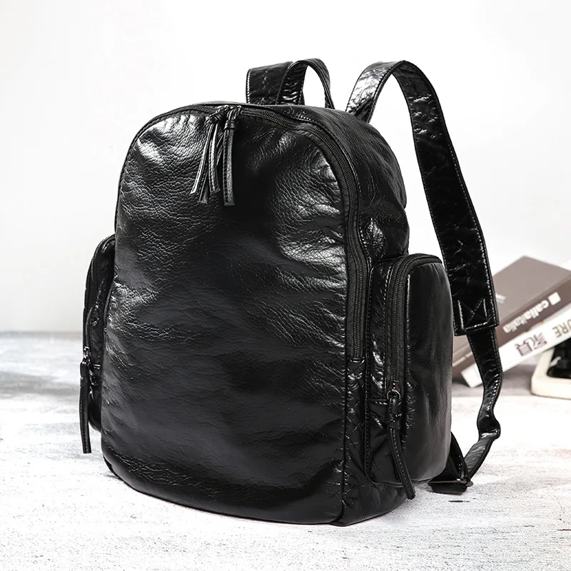 

Soft leather backpack water washing male and female shoulder bag student schoolbag male bag retro