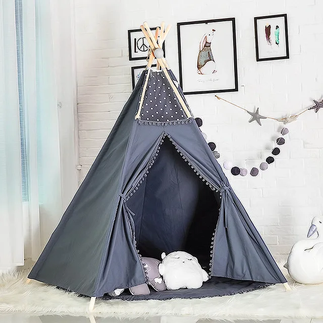 Детская игровая палатка вигвам из хлопка, детский игровой домик типи для помещений, уличная игрушка для мальчиков и девочек, подарок для малышей, белый с ковриком - Цвет: Dark blue