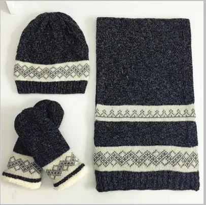 30% Wool 70% Acrylic Knitted Snowflake Pattern Unisex Winter Warm Hat Scarf Mittens Set Male Female Fashion Accessories 3pieces - Color: 2
