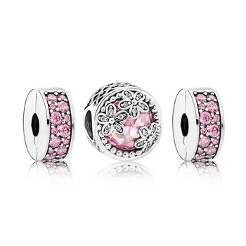 

2018 NEW 100% 925 Sterling Silver Pretty In Pink Charm Bead Clip Set Fit European Women Original Bracelet Jewelry Set Gift