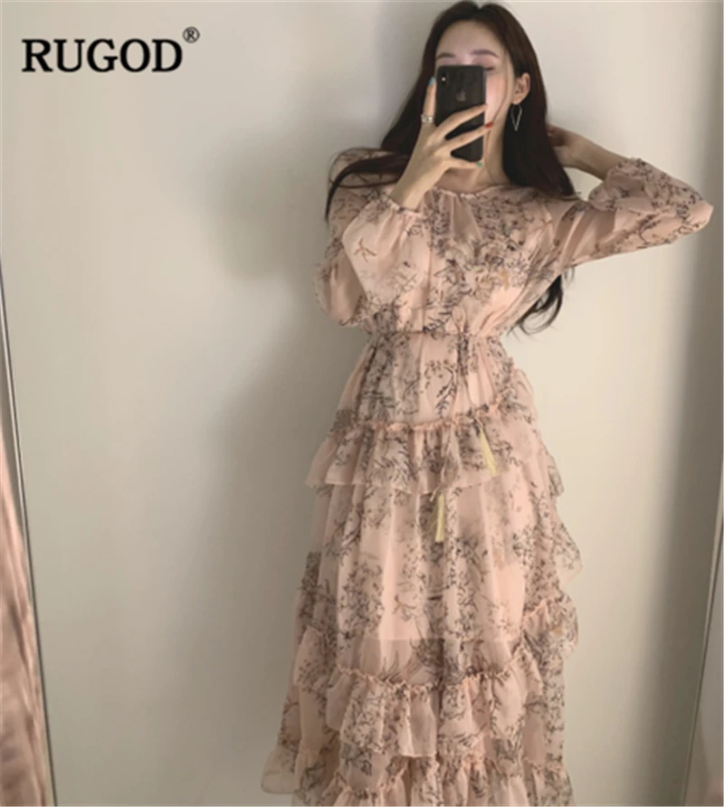 RUGOD Новое Осеннее женское шифоновое платье с цветочным рисунком комплект из двух предметов с круглым вырезом и длинными рукавами модное элегантное платье
