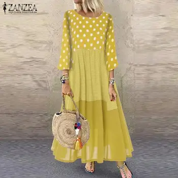 

M 5XL ZANZEA Autumn Polka Dot Sundress Casual Vintage Pacthwork Dress 2020 Women Cotton Long Vestidos Femme Tunic Robe Kaftan