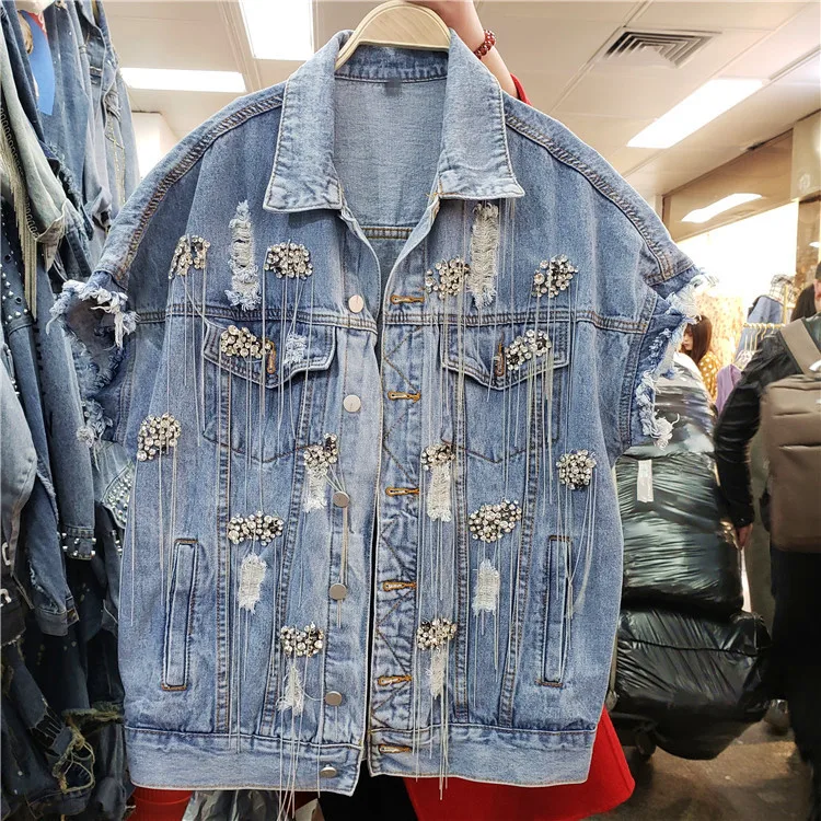 

2019 new heavy duty fringed chain long sleeve single-breasted fashion denim vest