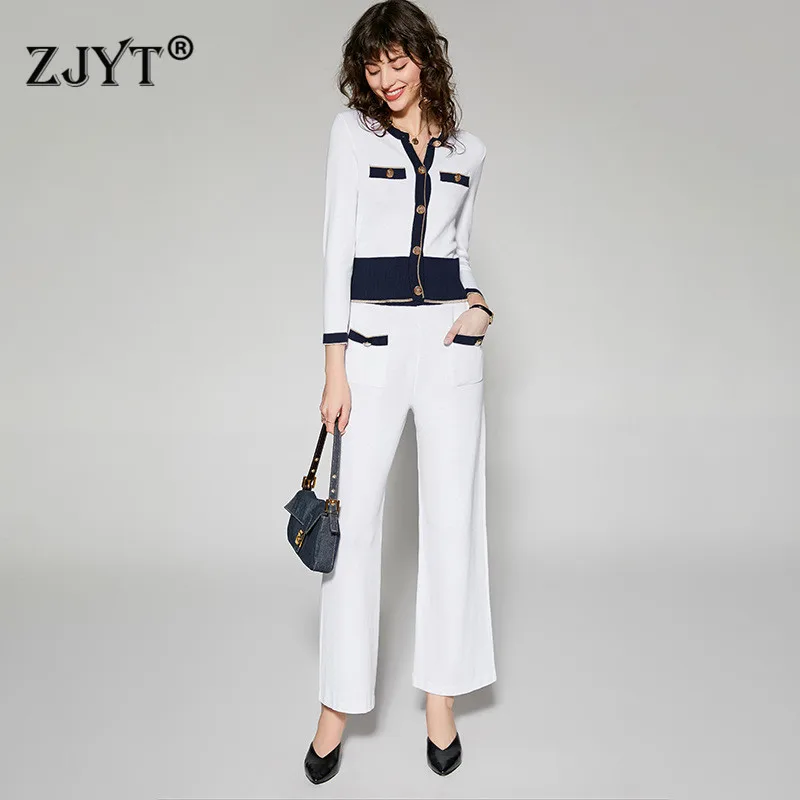 

Fashion Runway Designer Autumn Suit Women's Long Sleeve Contrast Color Knit Top and Trousers 2Piece Set Winter Clothes Outfit