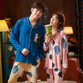 

PUREcotton Turn-down Collar Button-Down Long Sleeve Trousers Boy Girl Pajama Jammies Autumn Couples Lovers Nightwear Pyjamas