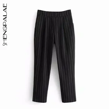 

SHENGPALAE 2020 New Fashion Women's Office Ladies Loose Slimming Casual Straight High Waist Striped Button Suit Pants ZA3893