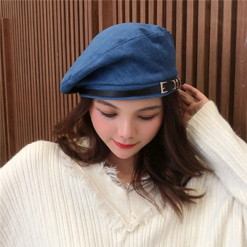 dark denim blue BOoDinerinle, английский стиль, ремень с пряжкой, берет для женщин, осенняя женская элегантная ковбойская шляпа художника, Уличная Повседневная джинсовая шляпа для женщин - Цвет: dark denim blue