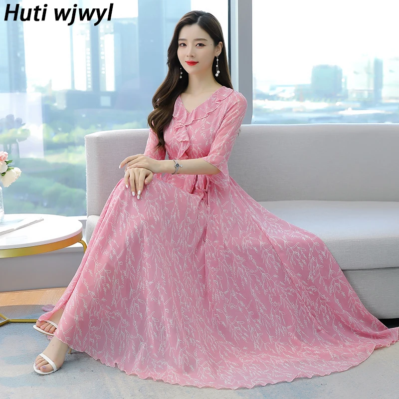

Spring Summer Casual Chiffon Boho Beach Long Sundress Women Bodycon Party Pink Vestidos 2023 Vintage Print Chic Prom Maxi Dress