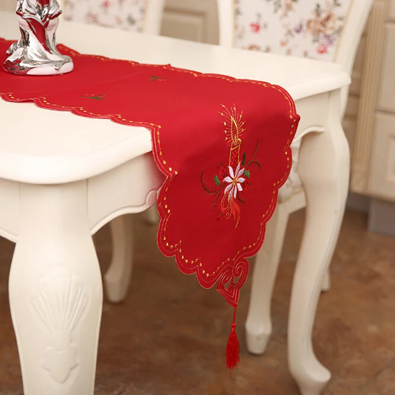 

New Christmas Polyester Embroidery Xmas Table Runner Satin Tablecloth Cutwork Placemat Red Table Flag Home Decor