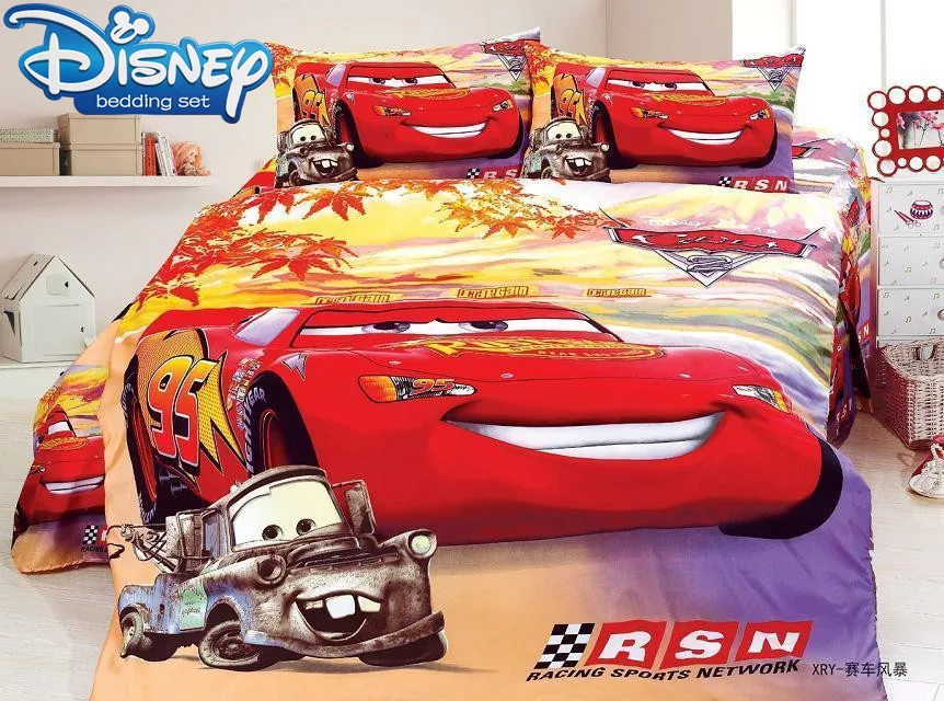 Disney Cartoon Bedding 3D Mcqueen Car Bed Linens Kids Twin Size Bed Set