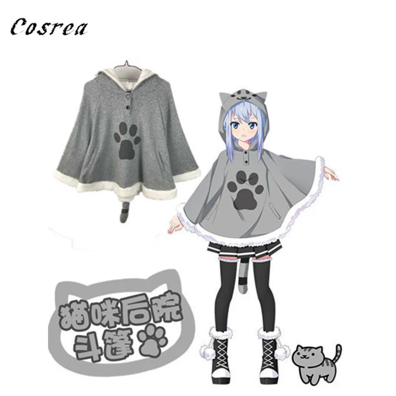 Neko Atsume Cosplay Costume Cloak Winter Warm Lolita Cute Cat Hoodies Coat WithTail Fleece Giftc Clothes Tops For Girls Women |