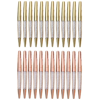 

100Pcs/Lot Rose Gold Pen Bling Diamond Pens Fine Black Ink Crystal Ballpoint Pen Ring Wedding Office Metal Roller Ball Pen Gift