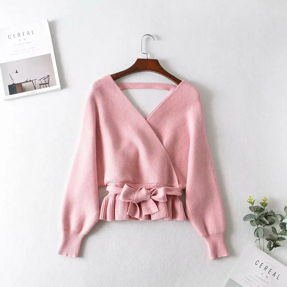 Tanie Tangada damski seksowny backless jednolity sweter sweter koreański moda z długim rękawem v neck swetry bluzki damskie JA07