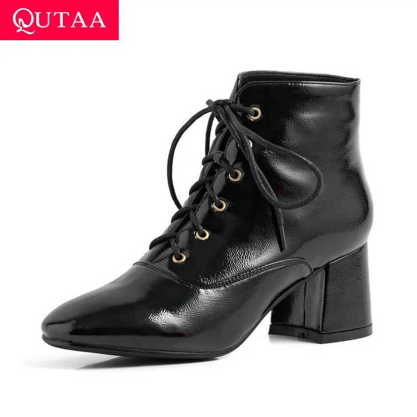 

QUTAA 2020 Lace Up Thick High Heel Autumn Winter Fashion Ankle Boots Patent Leather Square Toe Casual Women Shoes Size 34-43