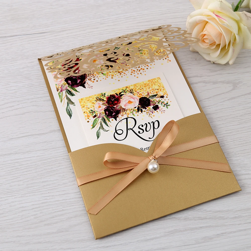 1 piece Navy blue, White, Gold and Burgundy Laser Cut Wedding Invitations with RSVP card,pearl ribbon,Customizable