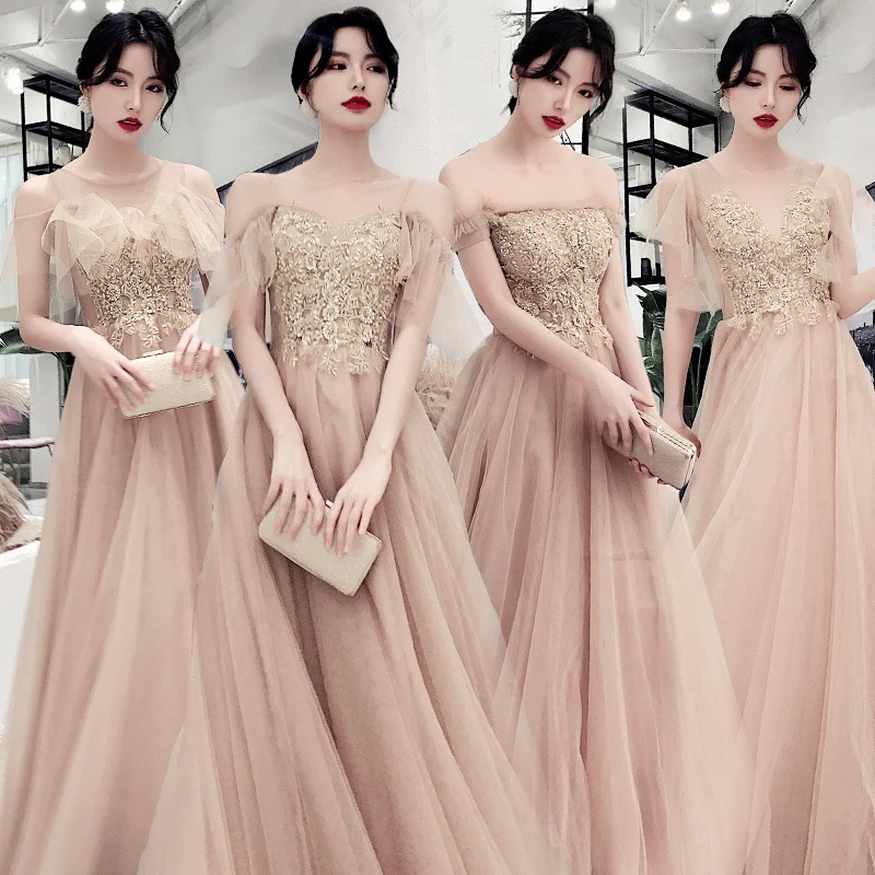 Bridesmaids Dresses Illusion Off The Shoulder Floor-Length O-Neck Embroidery Sequined Lace Tulle Women Wedding Party Dress E053 Bridesmaids Dresses Illusion Off The Shoulder Floor-Length O-Neck Embroidery Sequined Lace Tulle Women Wedding Party Dress E053