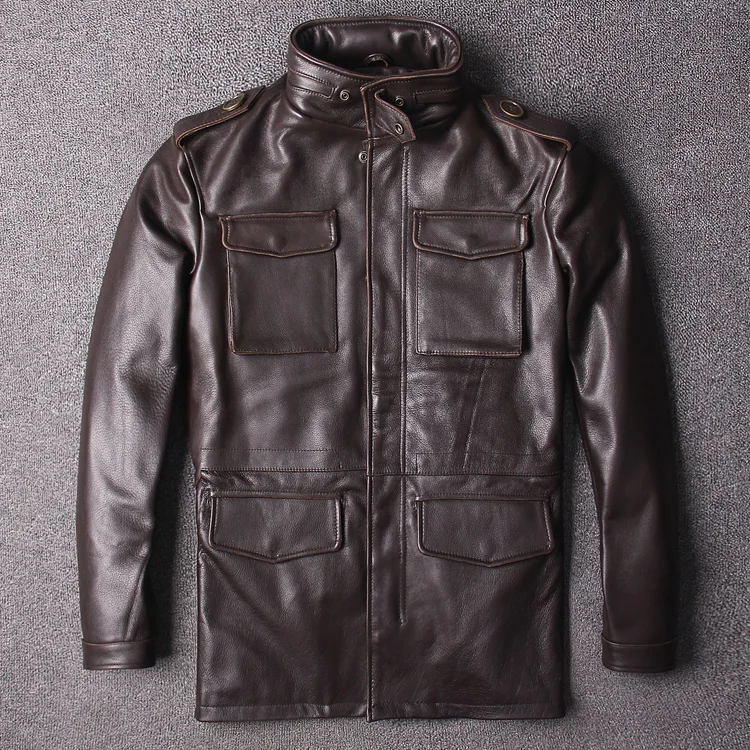 Натуральная кожа черная длинная M65 мужская длинная куртка настоящая Толстая воловья кожа размера плюс 6XL русская зимняя теплая кожаная куртка