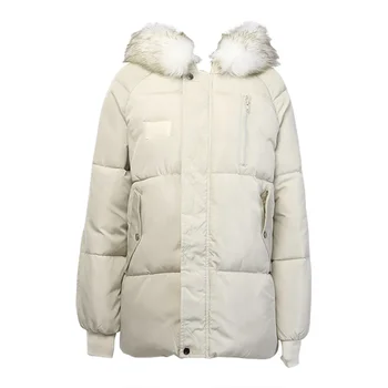 

Warm Winter Models Solid Color Zipper Detachable Fur Collar Hooded Loose Cotton Parkas
