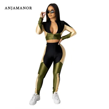

ANJAMANOR Fall Winter Tracksuit Women Stretch Satin Color Block Two Piece Set Top and Pants Sexy Sports Sweat Suits D90-AG27