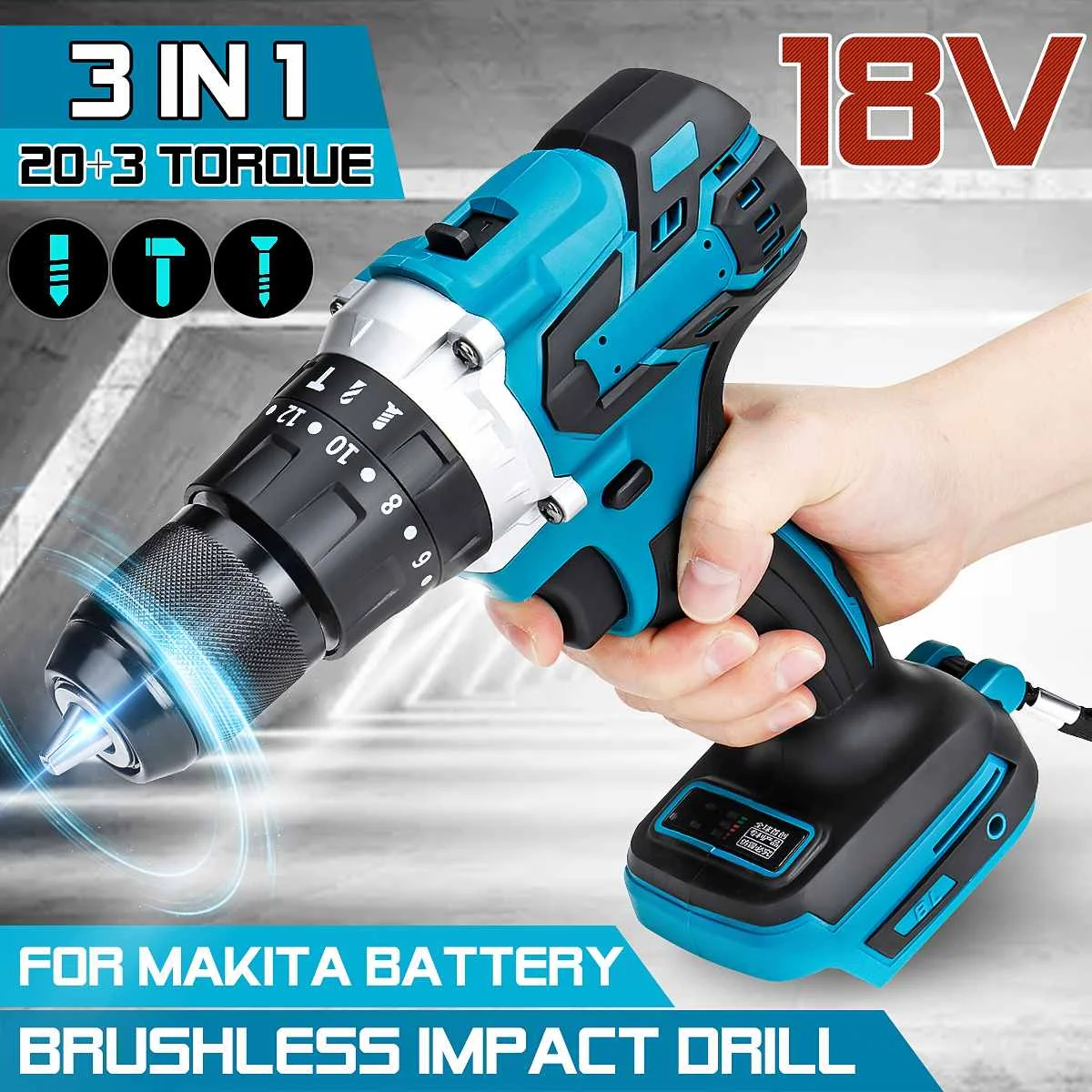 3 In 1 13mm Brushless Electric Hammer Drill Electric Screwdriver 20+3 Torque Cordless Impact Drill for Makita 18V Battery ► Photo 2/6