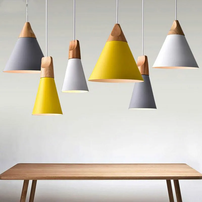 

Nordic Macaroon Wood Pendant Lights Multicolor Aluminum Shade Pendant Lamp for Dining Room Restaurant Home Decor Light Fixtures