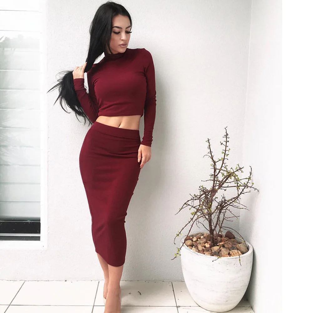 

Spring Winter Dress Long Sleeve O Neck Wine Slim Elegant Dress Casual High Stretchy Bodycon Hip Two Piece Set Women Dress