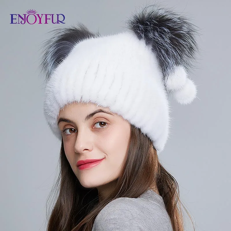 Женская шапка с ушками кошки ENJOYFUR из натурального меха норки помпонами для зимы и