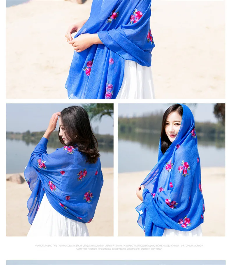 Женский модный пушистый шарф в этническом стиле с цветочной вышивкой, теплый шарф, однотонные хлопковые шарфы для женщин, echarpe foulard femme