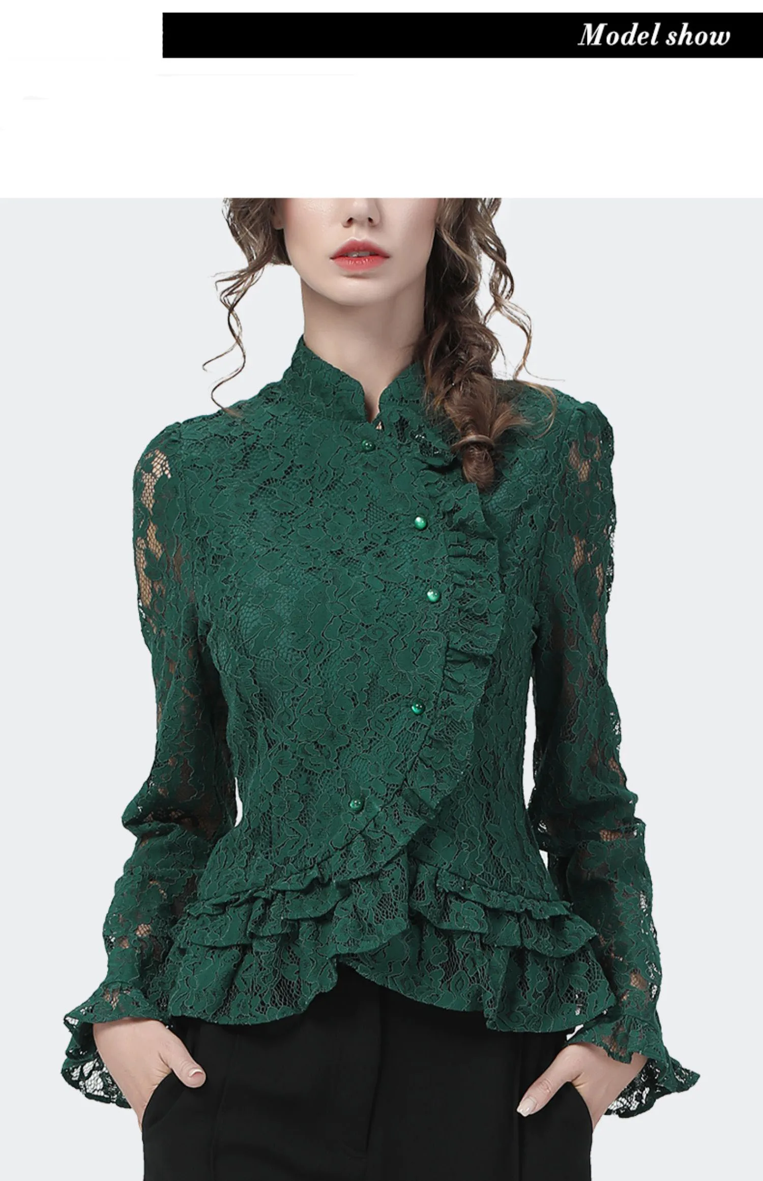 Fashion Womens Green Lace Shirt Long 