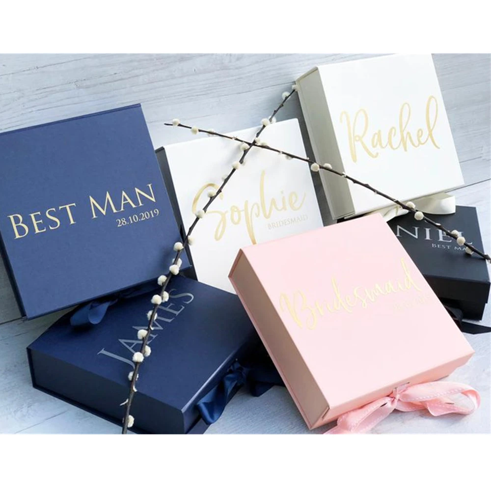 Boite Cadeau Personnalisee Avec Nom Bleu Marine Boite A Cadeau Personnalisee Avec Nœud En Satin Pour Les Garcons D Honneur Pour Les Demoiselles D Honneur Pour Les Cadeaux D Anniversaire Et De Mariage Aliexpress