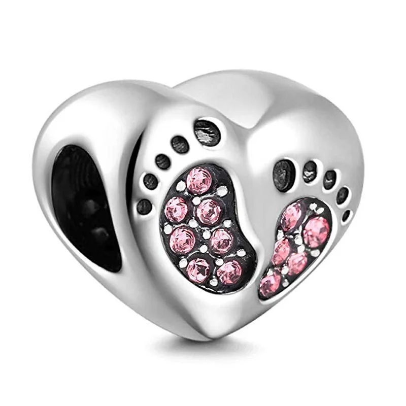 Creative Jewelry Diy 925 Silver Accessories String Loose Beads Charms Love Shape Diamond Inlaid Lovely Baby Footprint Bracelet