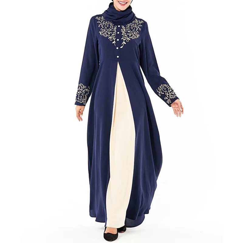 Middle East long-sleeved fake two-piece robes Dubai Arabian large size women's dress embroidered zipper stitching Muslim dress