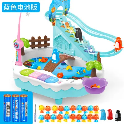 Blue USB Set Магнитная игрушка для рыбалки, музыкальный светильник, пингвин, лестница, комбинированная электрическая головоломка для детей 3-6 лет - Цвет: Blue USB Set